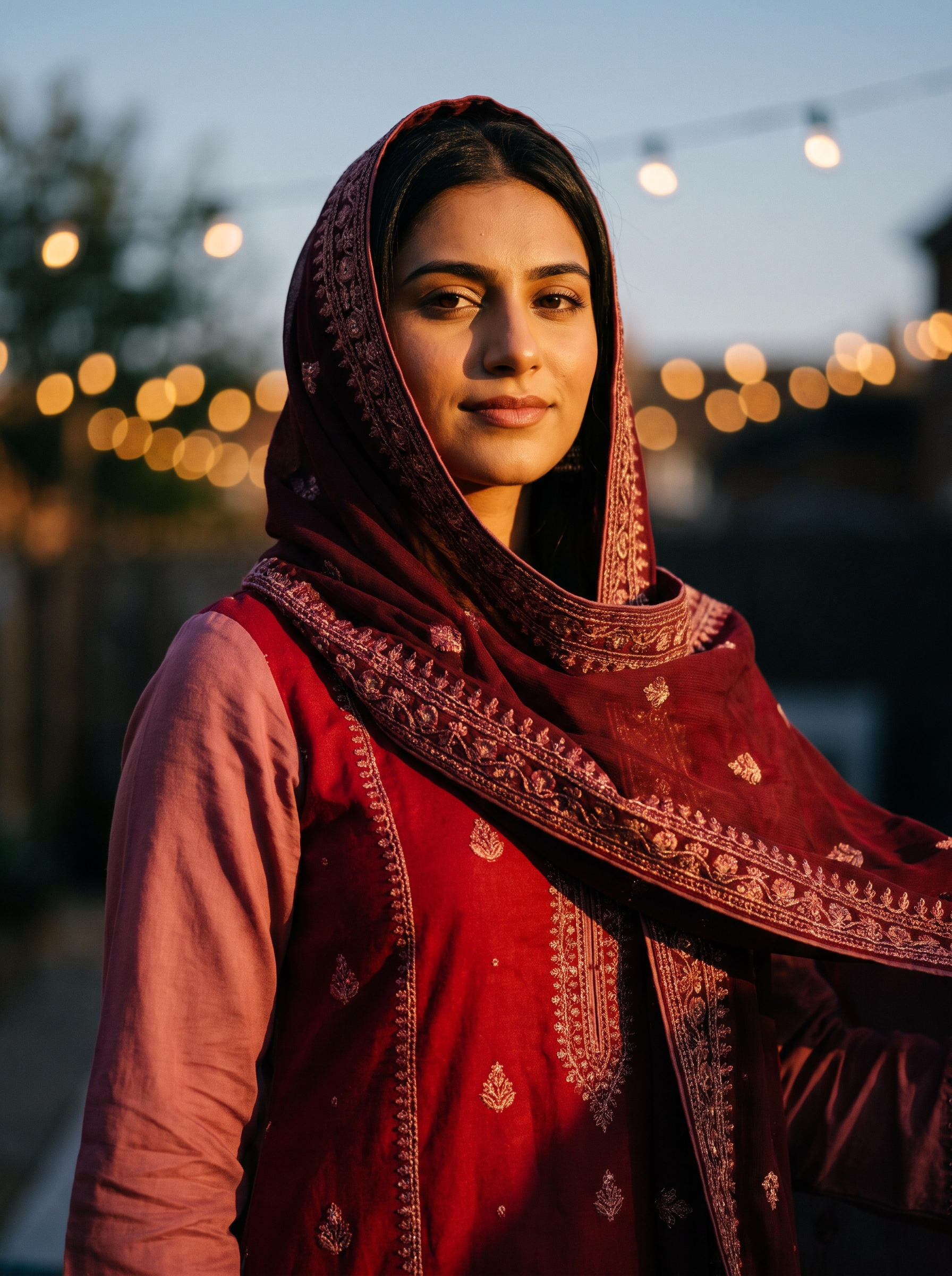 Close portrait of a model in a deep red embroidered set with the dupatta draped over her head, string lights behind