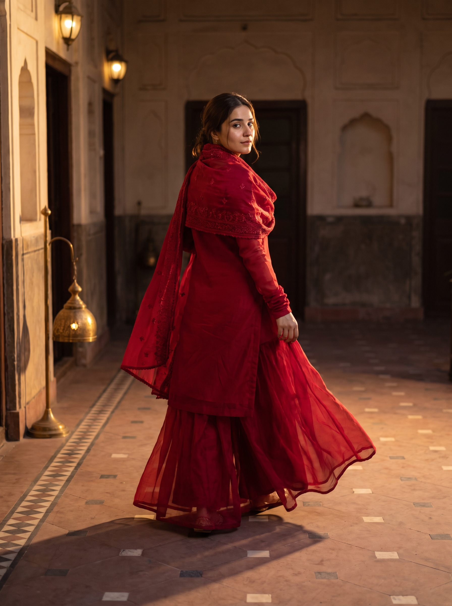 Cherry organza gharara in a haveli courtyard at dusk