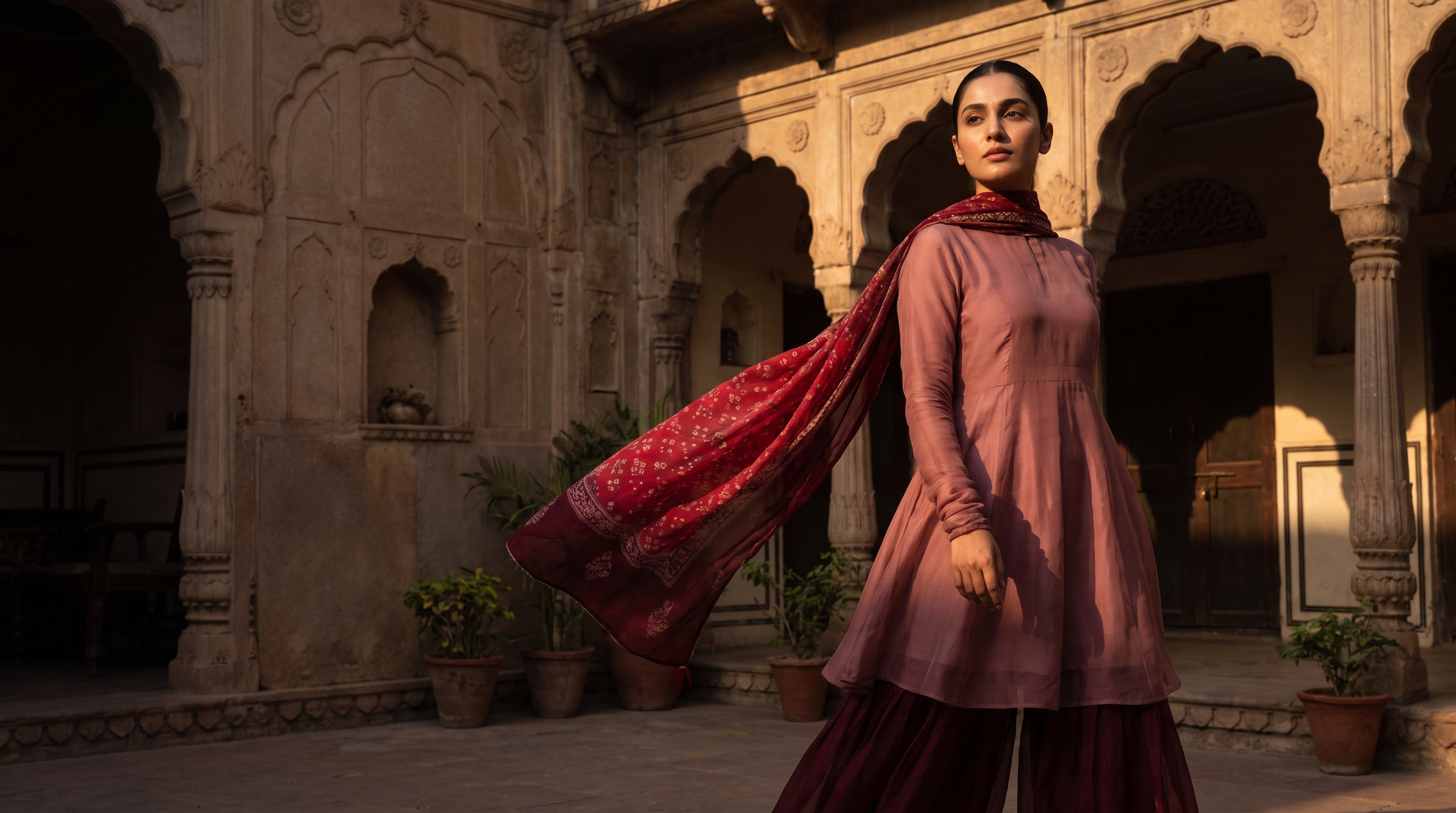 Model in a rose kurta and maroon flared shalwar crossing a sunlit haveli courtyard