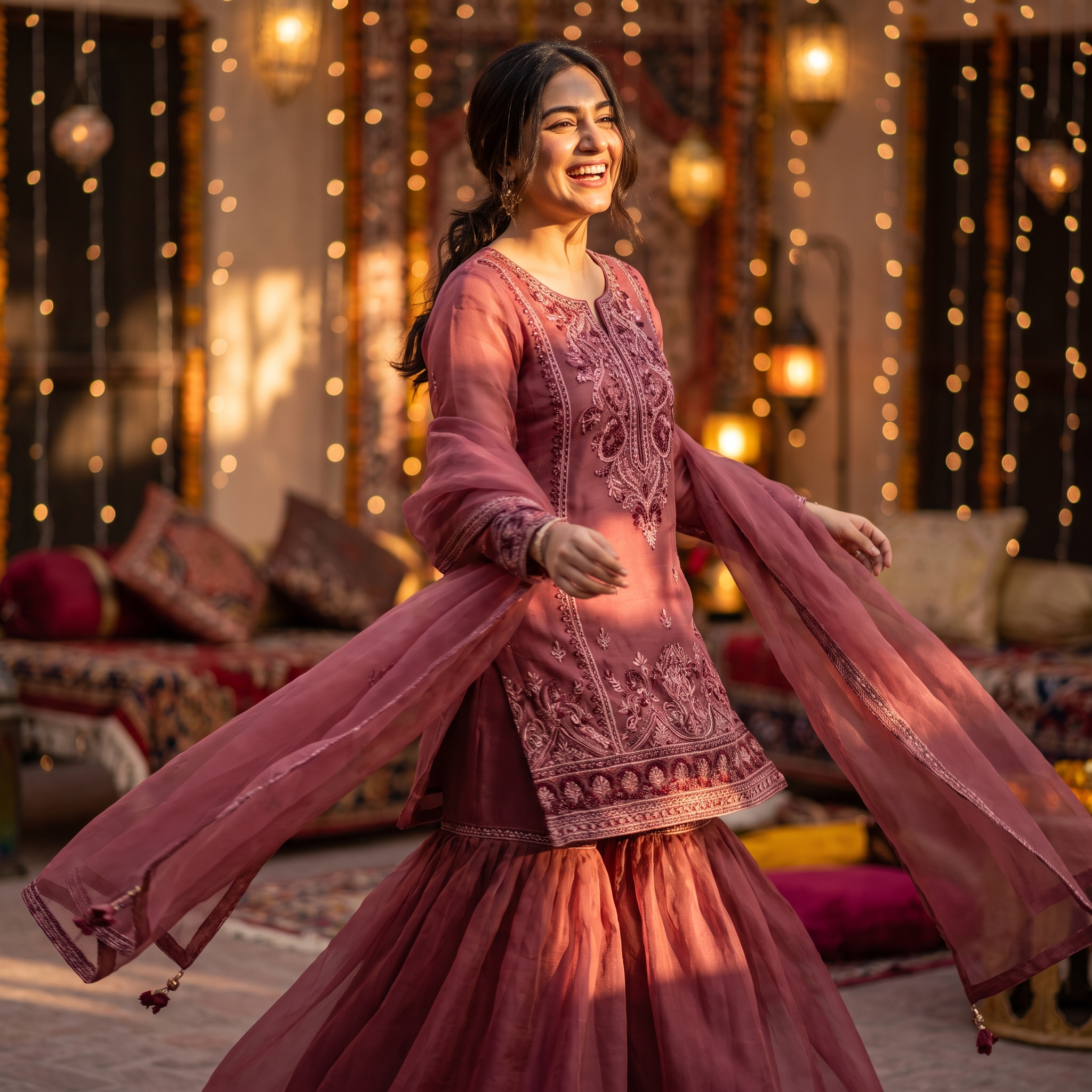 Model mid-twirl in a rose gharara at a mehndi night