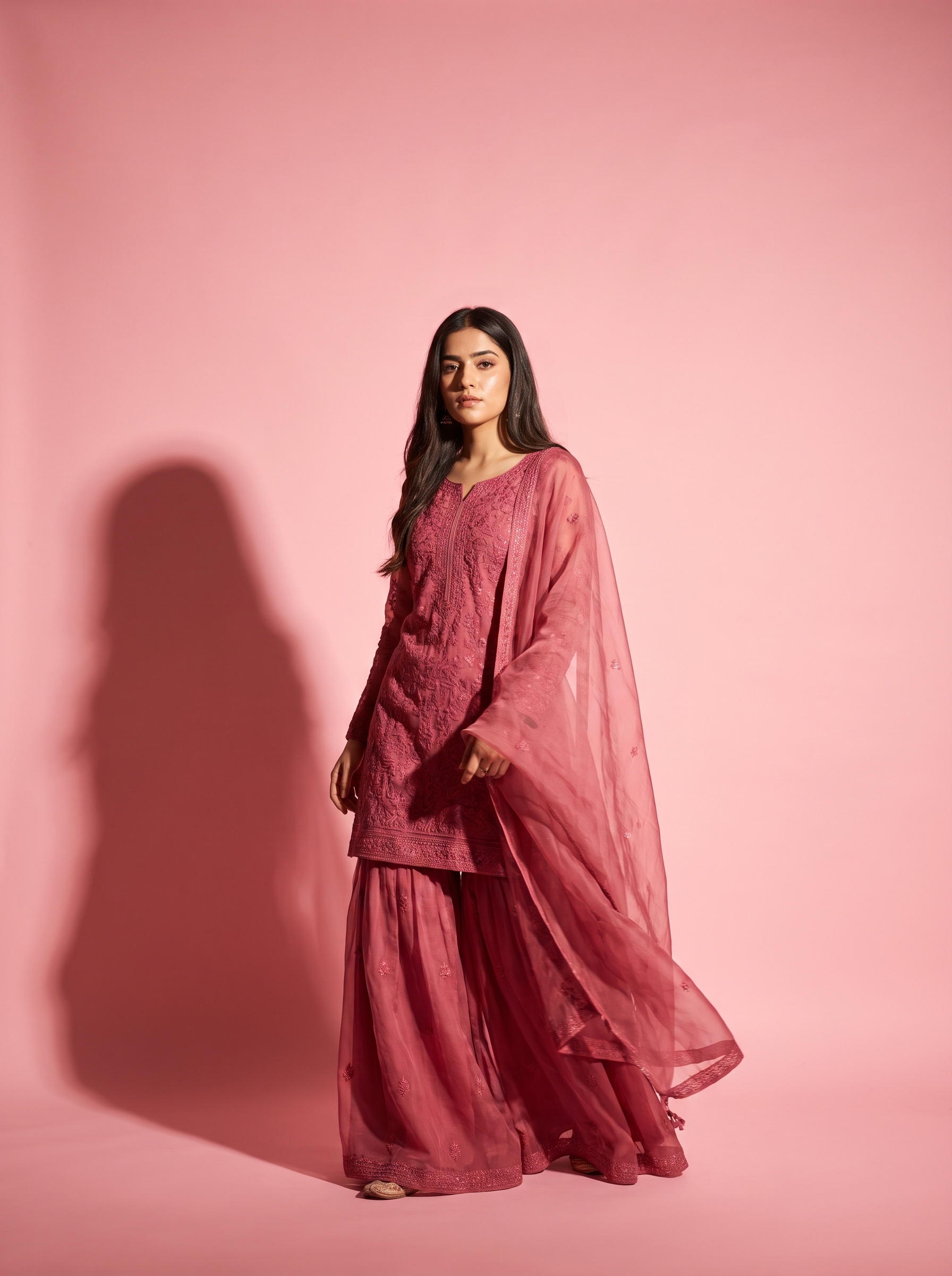 Gulnar — deep rose organza gharara set with adda work
