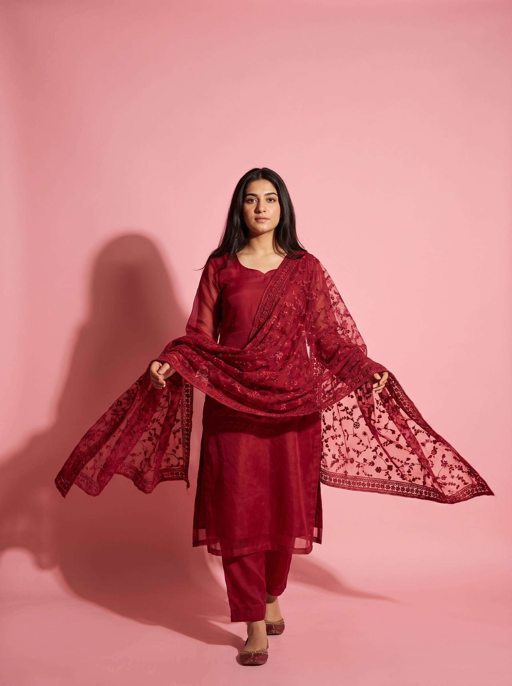 Laali — cherry organza set with a net dupatta